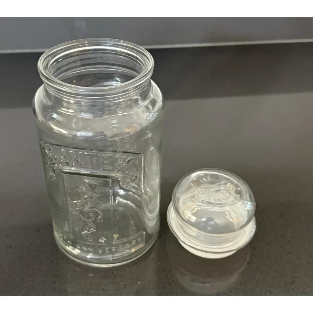 Vintage 1981 Planters Mr. Peanut Jar Canister Clear‎ Glass Lid 75th Anniversary